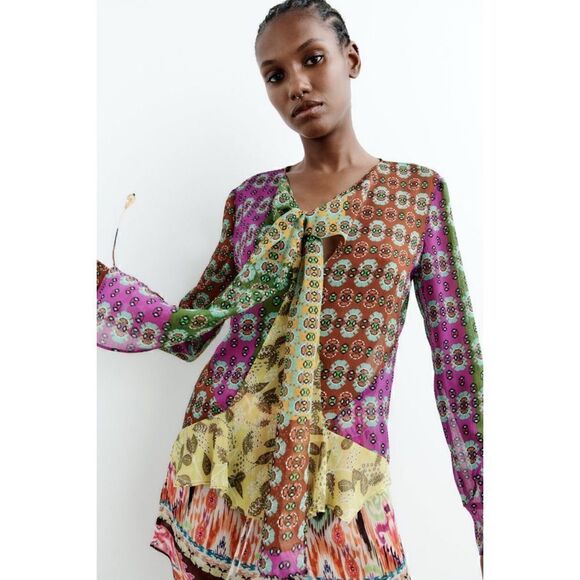 NWT Zara Multicolor Semi-Sheer Long Sleeve Tie Scarf Beaded Boho Printed Blouse - Picture 4 of 16